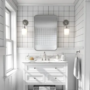 Detailansicht eines modernen minimalistischen Badezimmers mit stilvollen Rasterwandaufklebern.