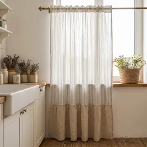 Einfacher Garngefärbter Gestreifter Vorhang Beschattung Wärmedämmung Schlafzimmer Wohnzimmer Rüschensaum Gardine Stangendurchzug Öse Haken