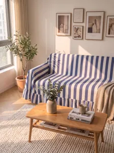 Blue and white striped sofa cover with ruffled hem in a cozy living room