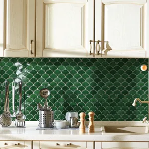 Autocollant mural mosaïque en éventail 3D vert, papier peint de cuisine imperméable