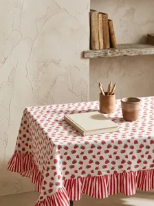 Rustic strawberry print cotton linen tablecloth with red striped ruffled edges