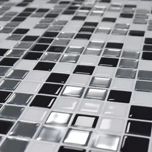 Adesivi murali a mosaico 3D in bianco e nero per cucina e decorazione interni vista.