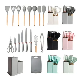 Silicone Utensil Set Stainless Steel Knife Set Wood Handle Spatula Spoon Tongs Whisk Scraper Scissors Cutting Board Bucket