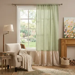 Japanische Gingham-Karierte Vorhänge Polyester-Baumwolle Grün-Weiß Rüschensaum Verdunkelungsvorhänge Für Schlafzimmer Dekor