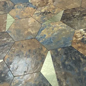 Close-up detail of self-adhesive hexagonal marble texture and metal mosaic wall tile.