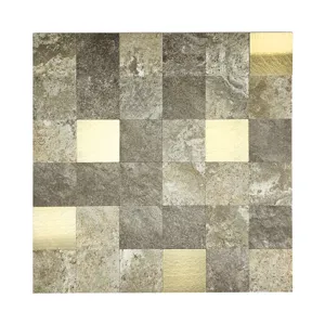Detail view of mosaic wall tile sticker with stone texture and gold foil squares for home DIY.