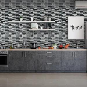 Black and grey 3D peel and stick backsplash tiles in modern kitchen setting