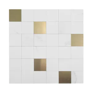 White marble and brushed gold mosaic wall tile sticker for modern interior home decoration DIY.