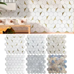 Self-Adhesive Metal Mosaic Wall Tiles Marble Texture Hexagon Peel And Stick Waterproof Wall Stickers For Kitchen Bathroom Backsplash
