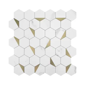 Self-adhesive marble hexagonal mosaic wall tile sticker for kitchen and bathroom decor.