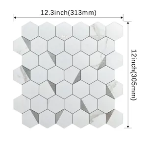 Self-adhesive hexagonal marble metal mosaic wall tile, waterproof kitchen sticker 313x305mm