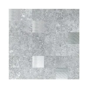 Silver square tile mosaic detail texture, grey aluminum plastic wall panel sticker close up