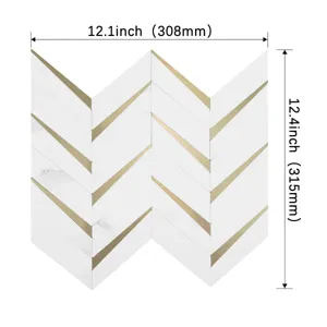 Azulejo de mosaico de metal autoadhesivo 3D, patrón de espiga blanco y oro, 30x31 cm.