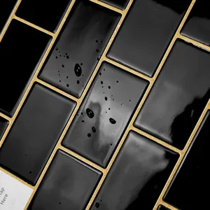 Black subway tile wallpaper with gold grout lines and waterproof surface detail view