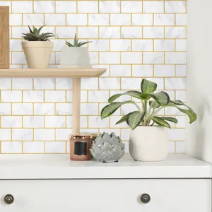 Self-adhesive marble wallpaper with gold trim for kitchen and bedroom background wall decor