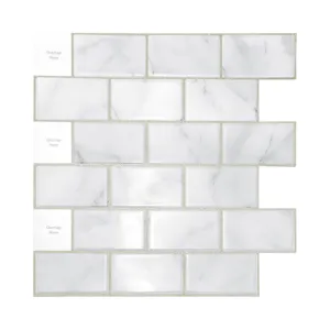 Self-adhesive 3D marble wall tile stickers with silver trim for kitchen and bathroom