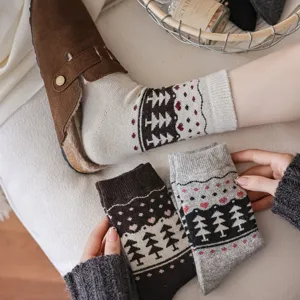 Detailed view of Fair Isle wool socks featuring tree patterns and cozy winter style details