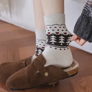 Close-up view of vintage Fair Isle pattern wool socks paired with fur-lined brown clogs