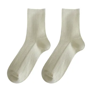 Solid color women's mid-tube socks, ribbed pure cotton casual long socks, versatile daily wear.