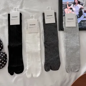 Spring summer women solid color split toe mid tube socks tabi footwear casual long socks