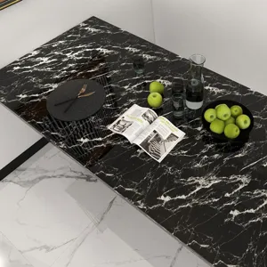 Detailed macro view of glossy black marble pattern furniture renovation film on a table