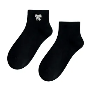 Black short socks for women with cute silver bow embroidery, sweet Japanese style cotton socks.