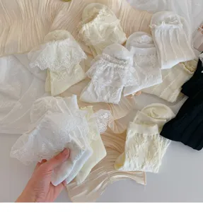 Detailed view of charming white lace ruffle decorations on cute lolita fashion short socks.