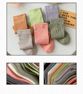 Detailed view of colorful cotton mid-calf socks with ribbed texture in a stack