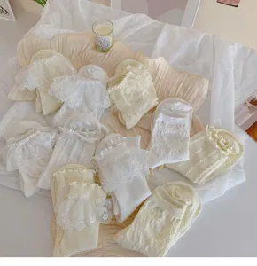 Women cute lace ruffle mid tube socks sweet lolita white bow short hosiery daily wear accessories