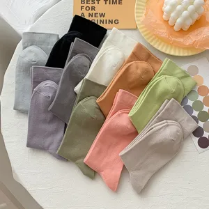 Set of colorful cotton mid-calf socks for women in soft Japanese aesthetic style.