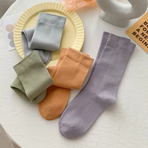 Comfortable solid color cotton crew socks for women in soft Japanese style aesthetic