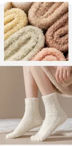 Close-up of soft coral fleece five-finger socks and model wearing white split-toe socks