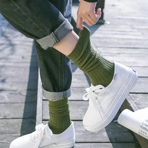 Calcetines Slouch de Algodón para Mujer Media Pantorrilla Color Sólido Estilo Preppy Coreano Acanalado Punto Cálidos Invierno Multicolor