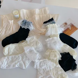 Women Cute Lace Trim Lolita Mid Calf Socks Sweet Bowknot Casual Breathable Cotton Short Socks Fashion Hosiery