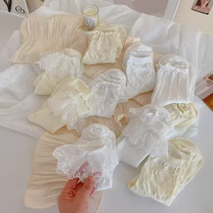 Cute white lace Lolita mid-tube socks with sweet bows, thin Japanese frilly short socks.