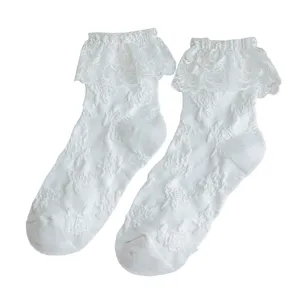 White lace ruffle lolita socks women cute sweet Japanese style short cotton socks daily wear.