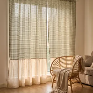 Franse Landelijke Stijl Gingham Geruite Gordijnen Polyester Katoen Splicing Roffel Verduisterende Gordijnen Voor Woonkamer