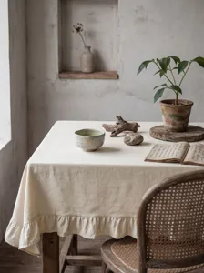 Dettaglio di tovaglia in cotone lavato di qualità con bordo a volant crema e stile rustico