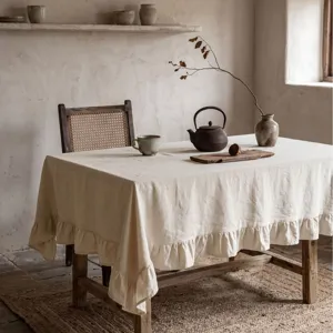 Tovaglia in Cotone Lavato a Tinta Unita Con Bordo con Volant Semplice Rettangolare Copritavolo per Sala da Pranzo Cucina Picnic All'aperto