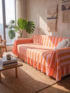 Detailed view of orange striped velvet sofa cover with ruffles in a sunlit cozy room