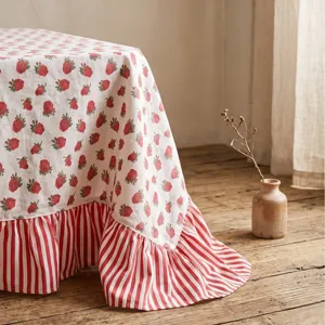 Rural style cotton linen tablecloth with strawberry print and ruffled striped edge