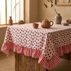 Pastoral strawberry pattern tablecloth with red striped ruffles for home dining