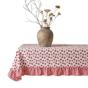 Pastoral strawberry print tablecloth with red striped ruffled edge for rustic home decor