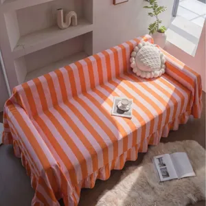 High Weight Thick Striped Velvet Sofa Cover With Ruffles Ruffled Furniture Protector Anti-Wrinkle Drape Rectangular Tablecloth
