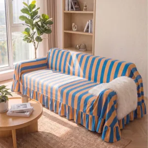 Thick striped velvet sofa cover with elegant ruffle trim for living room home decor