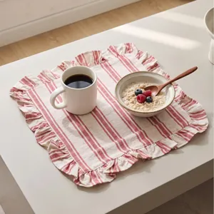 Red and white striped placemat with vintage ruffled edges for elegant dining table decor