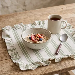 Decorative green striped cotton placemat with ruffled edges for elegant table settings