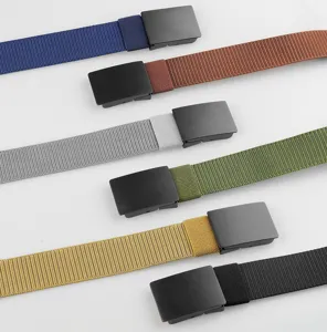 Close-up of multicolored nylon canvas belts with matte black automatic buckles