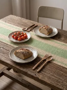 Vue détaillée d'un chemin de table en papier tissé ajouré de style champêtre sur bois