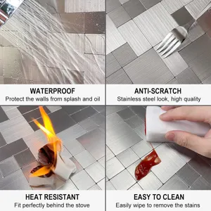Cuatro paneles que muestran azulejos de mosaico metálicos impermeables y resistentes al calor